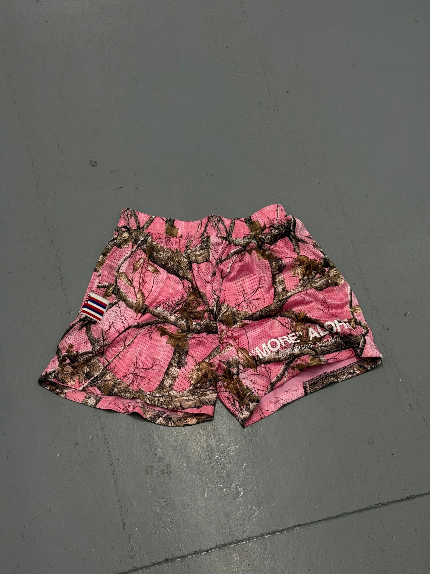 “MORE” ALOHA PINK CAMO MESH SHORTS